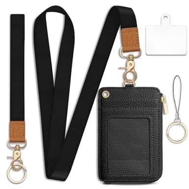 Mavellin Lanyard Wallet with Id Badge Holder, Black RFID Small Keychain Wallet Women Wristlet, Minimalist Zipper Credit Card Holder Phone Wrist Neck Strap for Key Name Tag, Teacher Student Office Gift