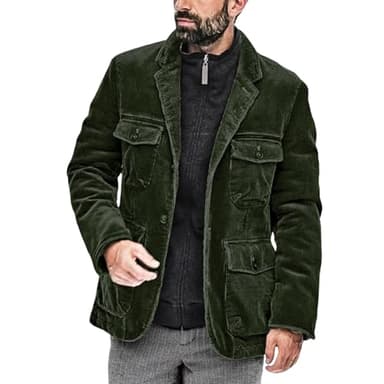 chouyatou Men's Vintage Corduroy Notched Lapel Button Down Business Blazer Jacket Sport Coat (Large, Army Green)