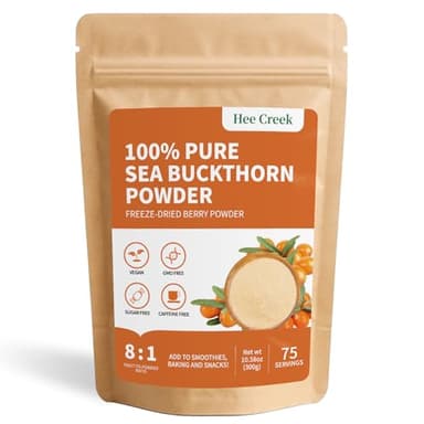 Hee Creek 100% Pure Sea Buckthorn Powder 10.58oz/ 300g Freeze Dried Sea Buckthorn Berries Ultra-Fine Fruit Powder for Smoothies & Baking & Beverages & Food Coloring, No Added Sugar & Additives