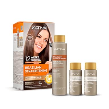 KATIVA Brazilian Keratin Treatment Kit at home Formaldehyde Free Hair Straightening with Hyaluronic Acid, Up to 12 Weeks Frizz Control for Curly, Wavy, Frizzy Hair (Straightening Kit)