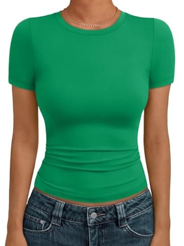 AUTOMET Women's Crew Neck Short Sleeve Summer Basic T-Shirt Stretchy Tight Fitted Soft Going Out Workout Gym Tops Green M
