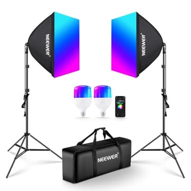 NEEWER 2 Pack 520W Equivalent RGB Softbox Lighting Kit with App Control & 9 Effects, 26W LED Bulbs CRI93+ TLCI98+, E26 Porcelain Sockets, 24" Softboxes for Studio Photography Lighting, NK800