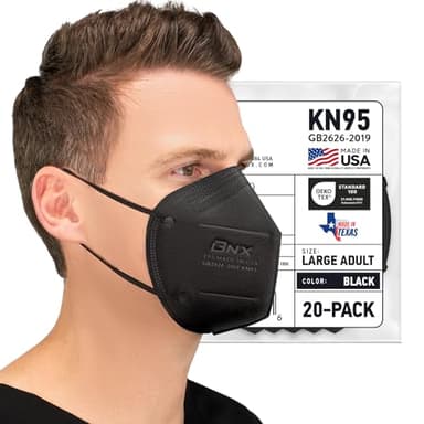 BNX KN95 Face Mask Made in USA (20-Pack), FDA Registered KN95 Mask Disposable Particulate Protective Mask, GB2626-2019, Protection Against Dust, Pollen and Haze (Earloop) (Model: E95) Black