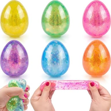 Menzcci 6 Pack Easter Eggs Squishy Toys, Glitter Stress Balls Eggs Squeeze Toys for Kids Boys Girls Toddlers Easter Basket Stuffers, Party Favors, Classroom Prizes
