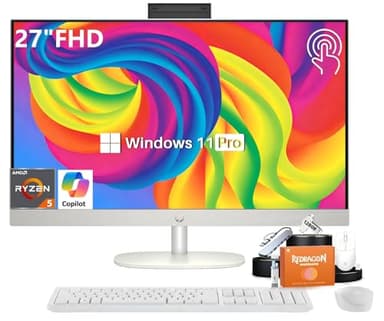 HP 27" All-in-One FHD Touchscreen Desktop Computer, AMD Ryzen 5 7520U Processor, 16 GB LPDDR5 RAM, 1 TB SSD, AMD Radeon Graphics, Wi-Fi 6, Bluetooth 5.3, Windows 11 Pro, Wireless Keyboard and Mouse