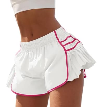Fisoew Womens Workout Gym Shorts Running Pleated Contrast Stitch Elastic Waist Athletic Quick Dry Shorts