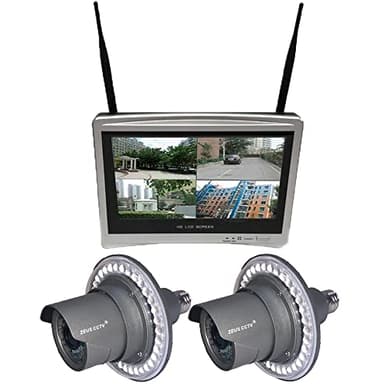 ZEUS CCTV Floodlight Surveillance Security Camera Complete Install Kit, 4CH NVR System + 2 Twist in Standard Flood Light Cameras (with Hard Drive & Built in 12" LCD Monitor)
