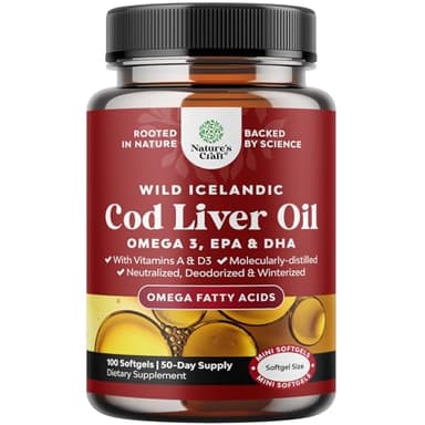 Icelandic Wild Caught Cod Liver Oil Softgels - Fish Omega 3, EPA, DHA, Vitamin D & A, 1000mg Per Serving - Burpless Capsules for Heart, Joint, Brain & Immune Support - 100 Count