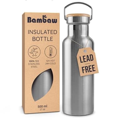 Bambaw Metal Insulated Water Bottle 16 oz | Stainless Steel Water Bottle Insulated | Reusable Water Bottle | Vacuum Insulated Water Bottle | Hot Water Bottle | Metal Water Bottle | Water Bottle 500 ml