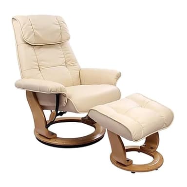 Pemberly Row Stressless Recliner with Ottoman in Cream Leather, Swivel Recliner Ottoman for Modern Living Room Decor