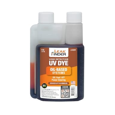 LEAKFINDER LF2008 Automotive Oil-Based Fluid Leak Detection Dye, Services Auto Oil, Fuel, ATF, Power Steering, 8oz Ultraviolet Fluorescent Dye Twin-Neck Bottle, Made in USA
