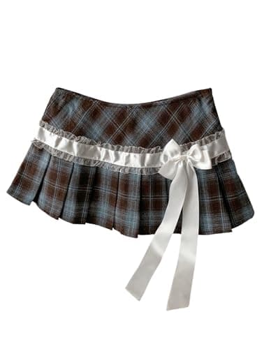MakeMeChic Women's Plaid Lace Pleated Mini Skirt Y2k Stain Bow Low Rise Cute Short Skirts Multicolor Medium