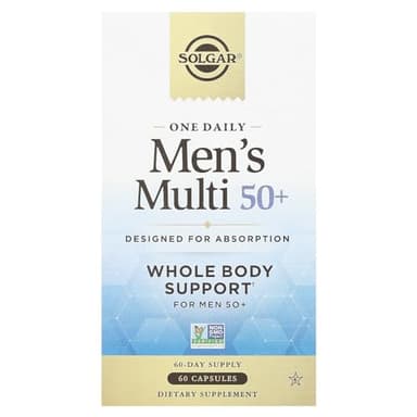 Solgar One Daily Men's Multi 50+ Whole Body Support for Men 50 and Older Highly Absorbable Delayed Release Heart, Energy, Stress, Muscle, Bone, Prostate Support Vitamin 60 Vegan Capsules, 60 Servings