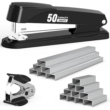 Metal Stapler Heavy Duty 50 Sheet Capacity with 1750 Staples and Staple Remover, Full Strip Staplers for Desk, No Jam, Non-Slip for Office & Classroom, Black