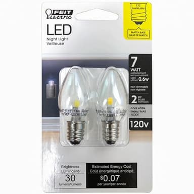 Feit Electric BPC7/LED 0.6 Watt Non Dimmable C7 Candelabra Base, Clear, LED Night Light Bulb, 2-Bulb, 4000K Cool White