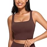 CRZ YOGA Butterluxe Womens Square Neck Longline Sports Bra - Workout Crop Tank Tops Padded Yoga Camisole with Built in Pads Taupe Medium