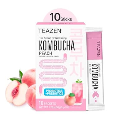 TEAZEN Peach Kombucha Powder, Hydration Drink Mix, Sugar Free, Live Probiotics & Prebiotics, On-the-Go 10 Packets, 1.76oz