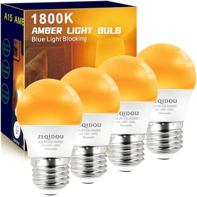 ZEQIDOU Amber Sleep Light Bulbs Dimmable, Blue Light Blocking, A15 E26 5W(40 Watt Equivalent) Dim Light Bulb,1800K Warm Light Bulbs for Healthy Sleep, Bedroom, Kids Room, 4-Pack