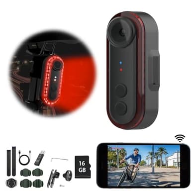 Bike Rear View Camera with Tail Light APP Control 1080P 150° Wide Angle Bicycle Camera IPX6 Waterproof 3500mAh USB-C Rechargeable for Mountain Road Bike E-Bikes