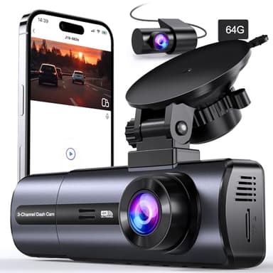 3 Channel 4K Dash Cam with 5GHz WiFi & APP Control, 4K/2.5K+1080P+1080P Front Inside and Rear, Triple Dash Camera with 64GB Card, G-Sensor, 24 Hours Parking Mode, Loop Recording, Night Vision