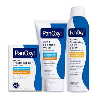 PanOxyl Acne Banishing Bundle - Acne Foaming Wash Benzoyl Peroxide 10%, Acne Banishing Body Spray with 2% Salicylic Acid & Acne Treatment Bar with 10% Benzoyl Peroxide