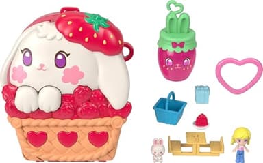 Polly Pocket Dolls and Playset, Strawberry Picnic Bunny Compact, Travel Toy with 1 Micro Doll, Pet, Fruit Themed Accessories