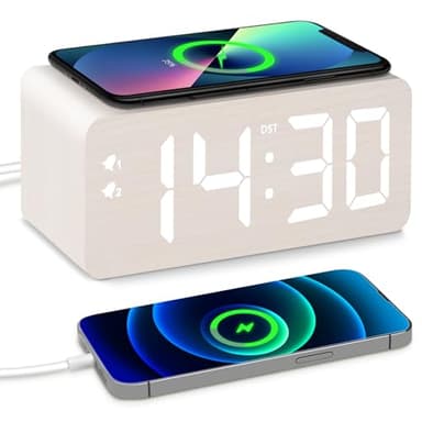 URAYCO Wooden Digital Alarm Clock, 10W Fast Wireless Charger Station & 2 USB Charging Ports, with 0~99% Dimmer, Dual Alarm, Weekday/Weekend Mode, Wood LED Clock for Bedroom, Desk, Office