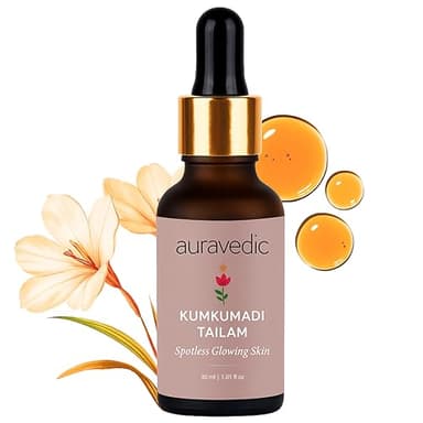 Auravedic Kumkumadi Tailam Face Oil with Saffron & 20+ Ayurvedic Herbs | For Dull Skin, Uneven Tone & Dark Spots | Lightweight Night Facial Oil for Natural Glow | 1.01 Fl Oz (30ml)