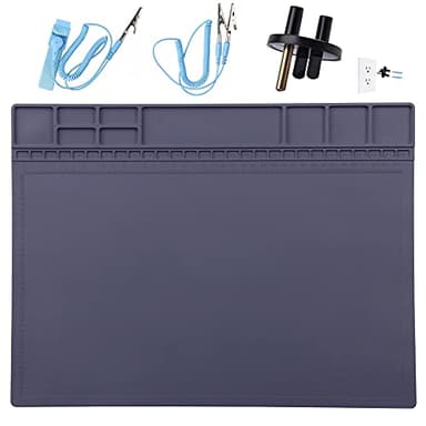 Anti-Static Mat ESD Safe for Electronic Includes ESD Wristband and Grounding Wire, HPFIX Silicone Soldering Repair Mat 932°F Heat Resistant for iPhone iPad iMac, Laptop, Computer, 15.9” x 12” Grey