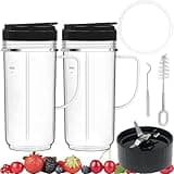 Magic Bullet Blender Cups, Tall 22oz Cup with Flip-Top To-Go Lids & Magic Bullet Cross Blade with Gasket, Mug with Handle Magic Bullet Cups Replacement Compatible with Magic Bullet Blender 250W MB1001