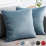 lalaLOOM Velvet Throw Pillow Covers, Set of 2, 18x18 Decorative Square Pillows Home Decor, Soft Accent Cases, Silky Machine Washable Pillowcases for Sofa, Couch, Bedroom, Living Room, Stone Blue