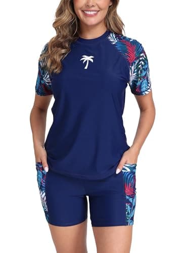 Halcurt Women Sun Shirt Bathing Suit with Bra Two Piece Rash Guard UPF 50 Swimsuit with Board Shorts Navy S