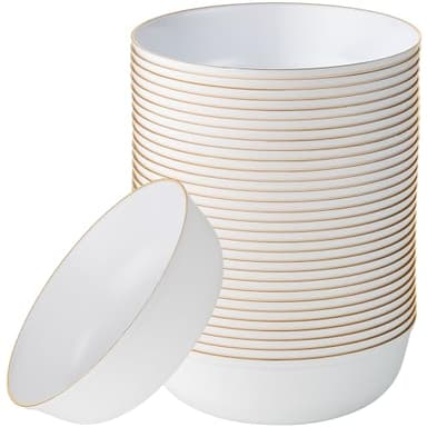 [30 Pack 16 OZ Bowls] Edge Collection White with Gold Rim Plastic Party Soup Bowls Premium heavyweight Elegant Disposable Tableware Dishes