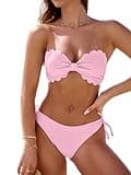 Rajputana Womens Wavy Edge Bandeau Bikini Strapless Tie Back Side String Bathing Suits Two Piece Swimsuit Pink