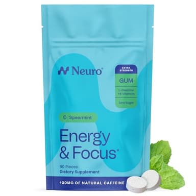 Neuro Energy & Focus Gum, Extra Strength - 100mg Natural Caffeine Gum & Nootropic Energy Supplement with L-Theanine & B Vitamins - Sugar Free, Vegan - Spearmint, 90ct