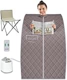 SereneLife SLISAU60GRY Portable Steam Sauna Home Personal Spa-2L Steamer, Folding Chair, Remote Control, 34"x28.7"x40.5" (Gray), Stadard, Grey