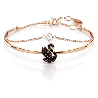 Swarovski Swan Bangle Bracelet, Swan Motif with Black Pavé Crystals and Clear Round-Cut Stone in a Rose Gold-Tone Finished Setting, Size M, Part of the Swan Collection