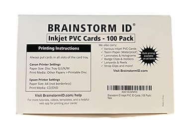 Brainstorm ID Inkjet PVC Cards (100 Pack) - 30 Mil - Inkjet Printable ID Cards - Enhanced Ink Receptive Coating - Waterproof & Double Sided Printing - Works with Epson & Canon Inkjet Printers