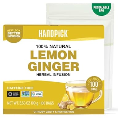 HANDPICK, Lemon Ginger Herbal Tea - 100 Pyramid Tea Bags | 100% Natural Ingredients, Tasty & Citrusy Hand-made Blend of Lemon & Ginger | Caffeine Free, Gluten Free | No Artificial Ingredients
