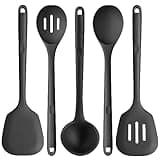 Silicone Kitchen Cooking Utensil Set: U-Taste High Heat Resistant 13.6in Long Kitchen Gadgets, BPA Free Non Stick Rubber Cook Accessories For Stir Frying, Serving, Basting, Mixing (5 Pieces, Black)
