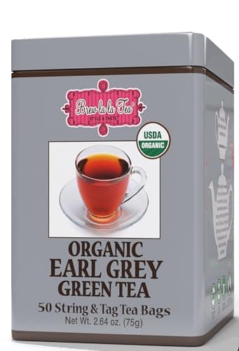 Brew La La Organic Earl Grey Green Tea - 50 Tea Bag Tin - Low Caffeine - USDA Certified Organic