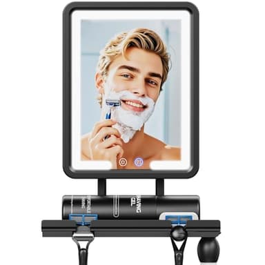 eeuuty Heated Shower Mirror Fogless for Shaving (Gen 3) - 3 Colors Stepless Dimmable Lights, Anti-Fog Shaving Mirror with Razor Holder, No-Drilling, Removable - Black