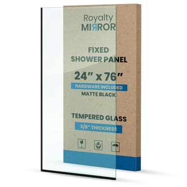 Royalty Fixed Shower Screen - 24" x 76" Frameless 3/8" Clear Tempered Glass Panel with Hardware - Easy Clean Smart Guard Coating - Minimalist Modern Design for Bathroom - Matte Black
