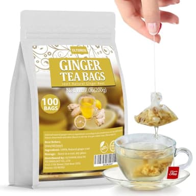 100 Premium Ginger Tea Bags/7.06 Oz, Made with 100% High-Spiciness Ginger Root, Full of Flavor & Spicy, Support Digestion & Boost Immunity, No Additives & Caffeine Free.