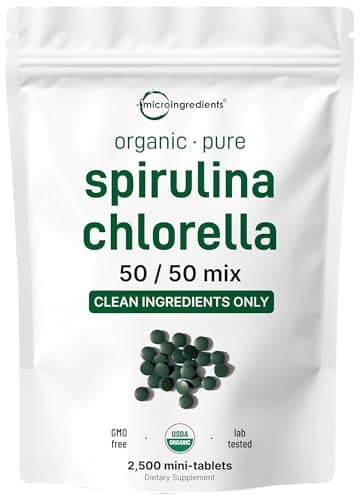 Micro Ingredients Organic Spirulina Chlorella Mini Tablets, 2,500 Tablets (8 Month Supply) | 50/50 Blend Superfood | Cracked Cell Wall for Better Absorption | Rich in Vegan Protein & Chlorophyll