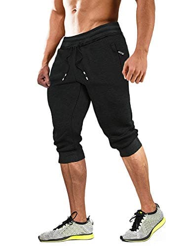 MAGCOMSEN Mens Capri 3/4 Pants Athletic Workout Joggers Cotton Slim Fit Below Knee Long Shorts with 3 Pockets Black 34