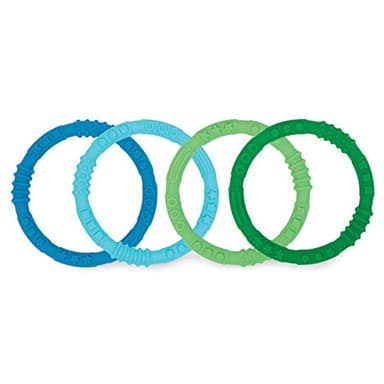 Bumkins Baby Teething Freezer Toy Keys Rings, Soft Flexible Pacifier to Chew, Cool Teether Gum Relief, Babies 3 Months, Freezable, Platinum Cured Silicone, Sensory Bracelet, 4-pk Blue and Green