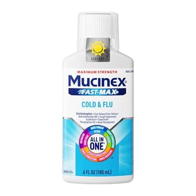 Mucinex Fast-Max Cold and Flu Medicine All-in-One Maximum Strength Liquid for Chest Congestion, Cough, Sore Throat, Nasal Decongestant, 6 fl oz (Packaging May Vary)