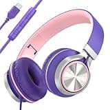 Girls/Kids USB C(Type C) Wired Headphones with Mic & Volume Control,Tangle-Free Plaiting Line,Over/On-Ear Headphones,Lightweight Foldable for Smartphone,Tablet,Iphone 16/15 series（Pink-purple）