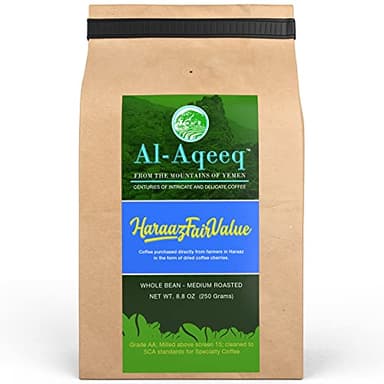 Al-Aqeeq Whole Bean Yemen Coffee, Haraaz Region | Specialty Organic Arabica Coffee | Low Acid, Medium Roast | Freshly Roasted, Fair Value